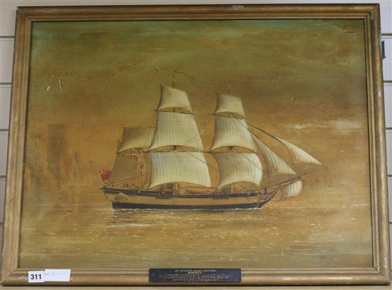 An overpainted print of His Majestys Armed Transport: The Bounty, the eve before the mutiny 1789, 52 x 70cm